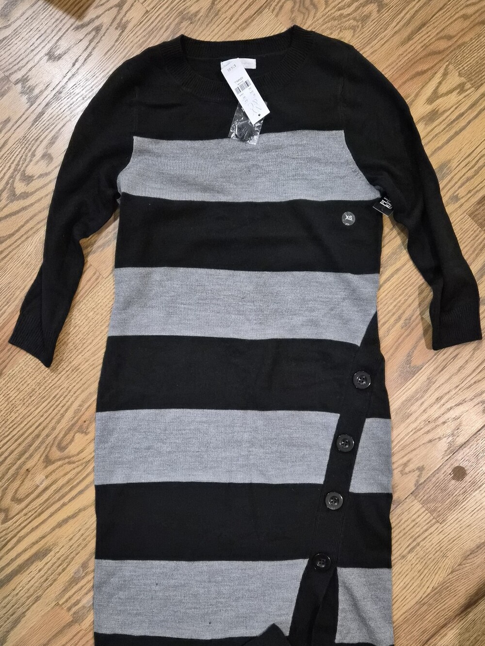 New York & Company Black and Gray Striped Button-Trim Midi Dress
